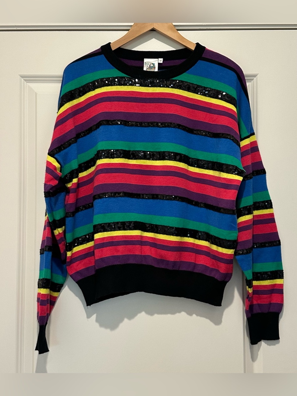 Queen of Sparkles Rainbow Striped Sequin Sweater. Size M - Picture 4 of 11